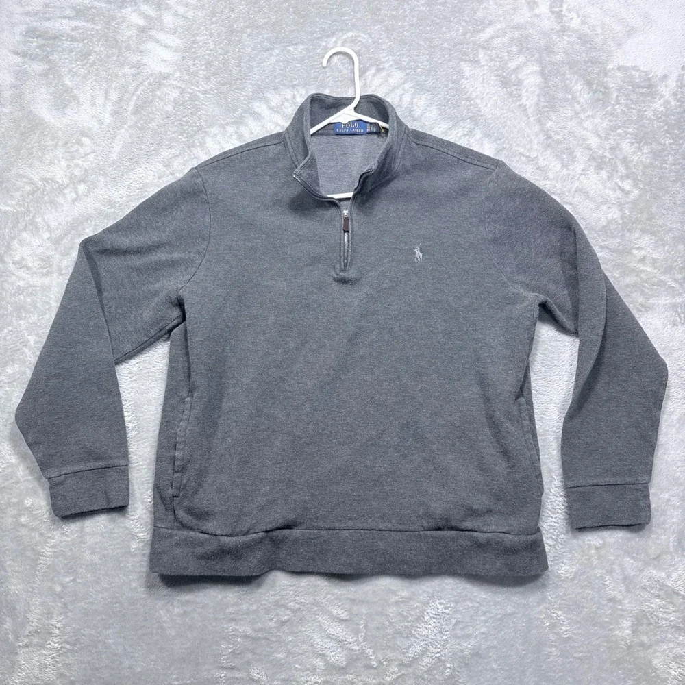 Polo Ralph Lauren Quarter Zip Pullover Mens XL Gray Pique Mock Neck Pockets